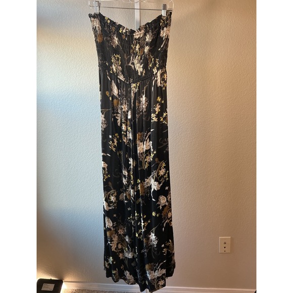 PILCRO Floral Smocked Strapless Wide Leg Jumpsuit Black Yellow Women's Size M - Picture 7 of 8